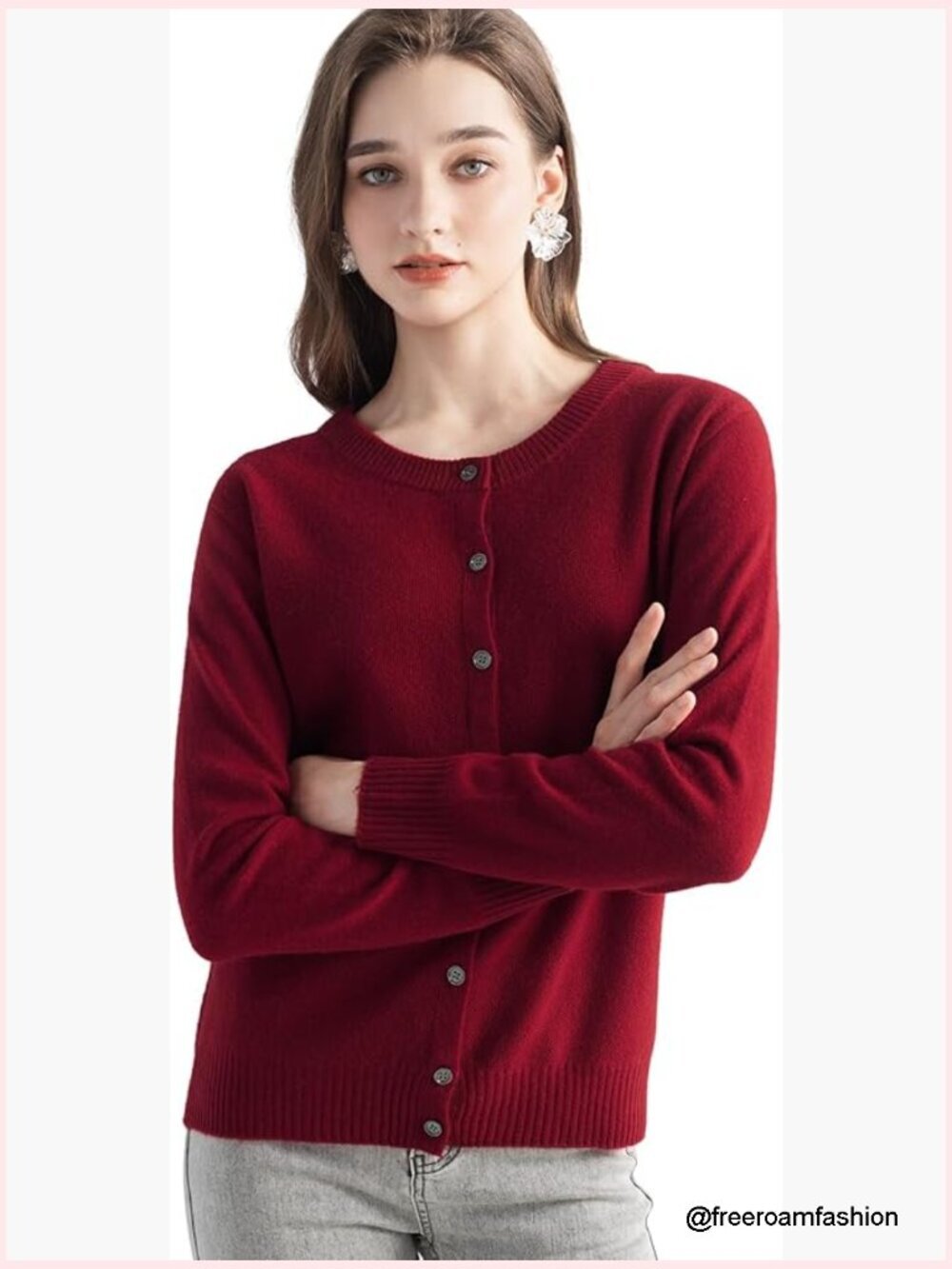 Women's 100% Cashmere Cardigan Crew Neck Long Sleeve Warm Knit